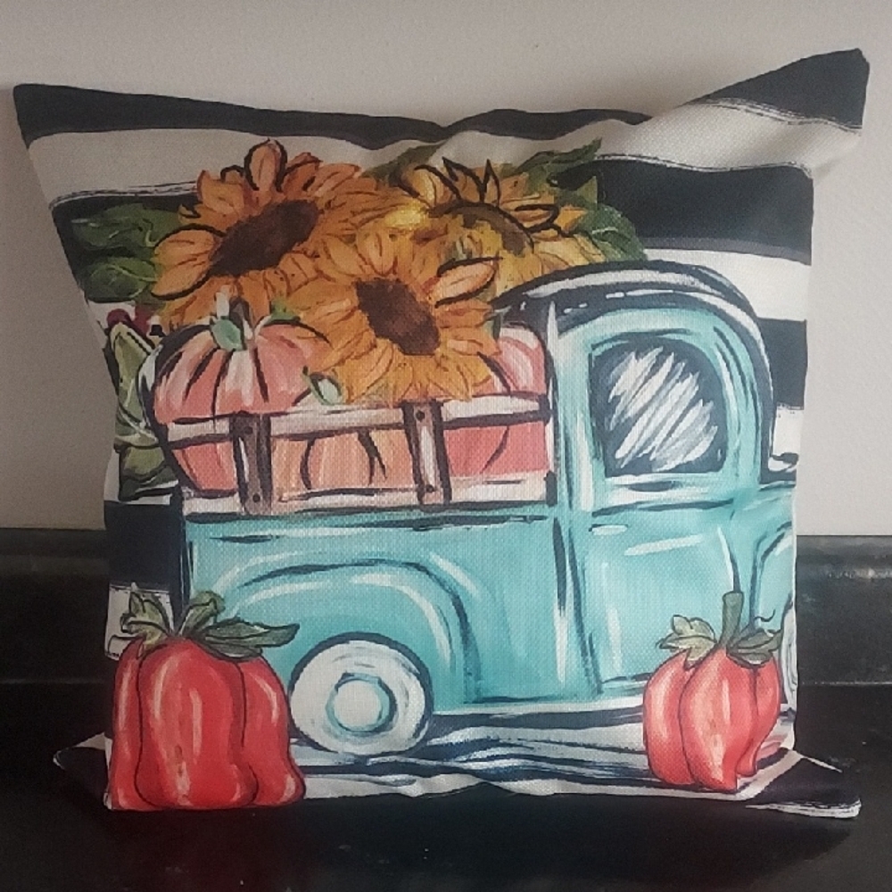 Fall Striped Throw Pillow Cover with Vintage Blue Truck Design